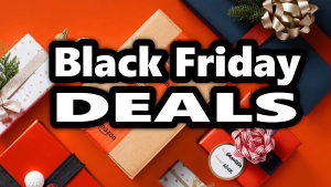 Black Friday deals with festive gifts backdrop.