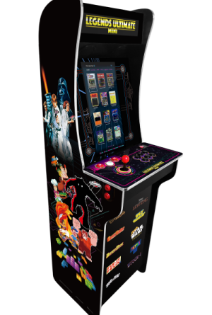 Arcade game cabinet with classic characters design.